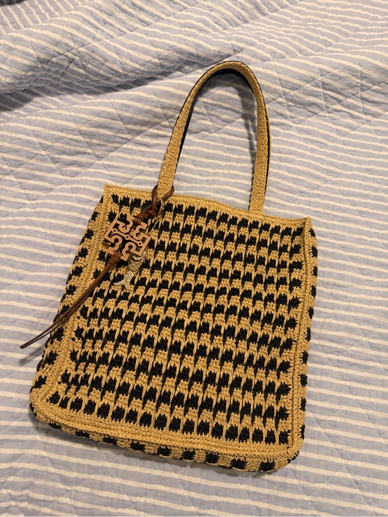 Tory Burch Handbags - Tory Burch Woven Black and Tan Crochet Tote Bag